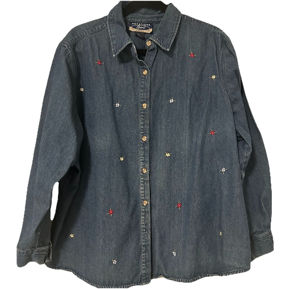 90s Grandma Core Denim Button Up- with Embroidered Flowers Women's 2X‎
